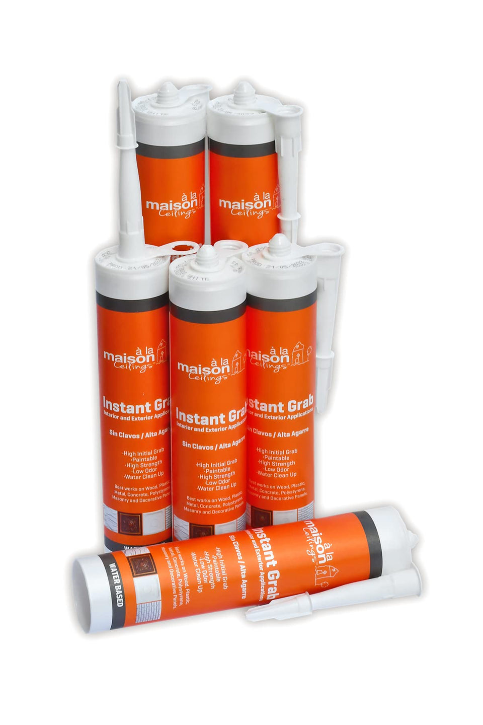 ala-maison-ceilings instant grab adhesive bottle shows strong, quick-bond performance on wood and tile.