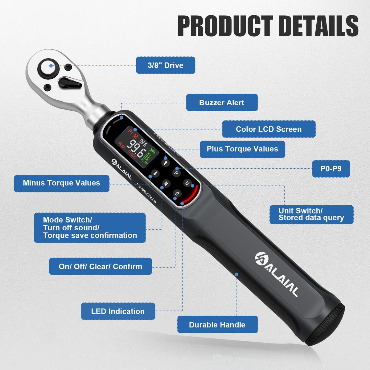 ALAIAL 3/8 drive digital torque wrench ready for bicycle, motorcycle, and car maintenance.