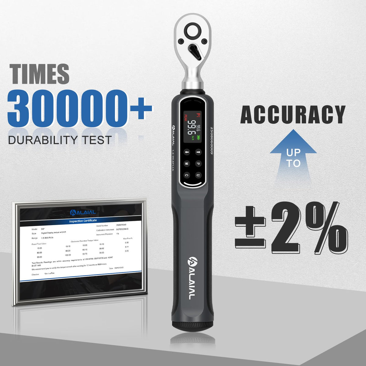 ALAIAL torque wrench in peak mode highlighting maximum torque with red light and buzzer.