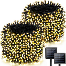 Albelt 2-pack 170ft solar string lights over outdoor patio for warm ambiance.