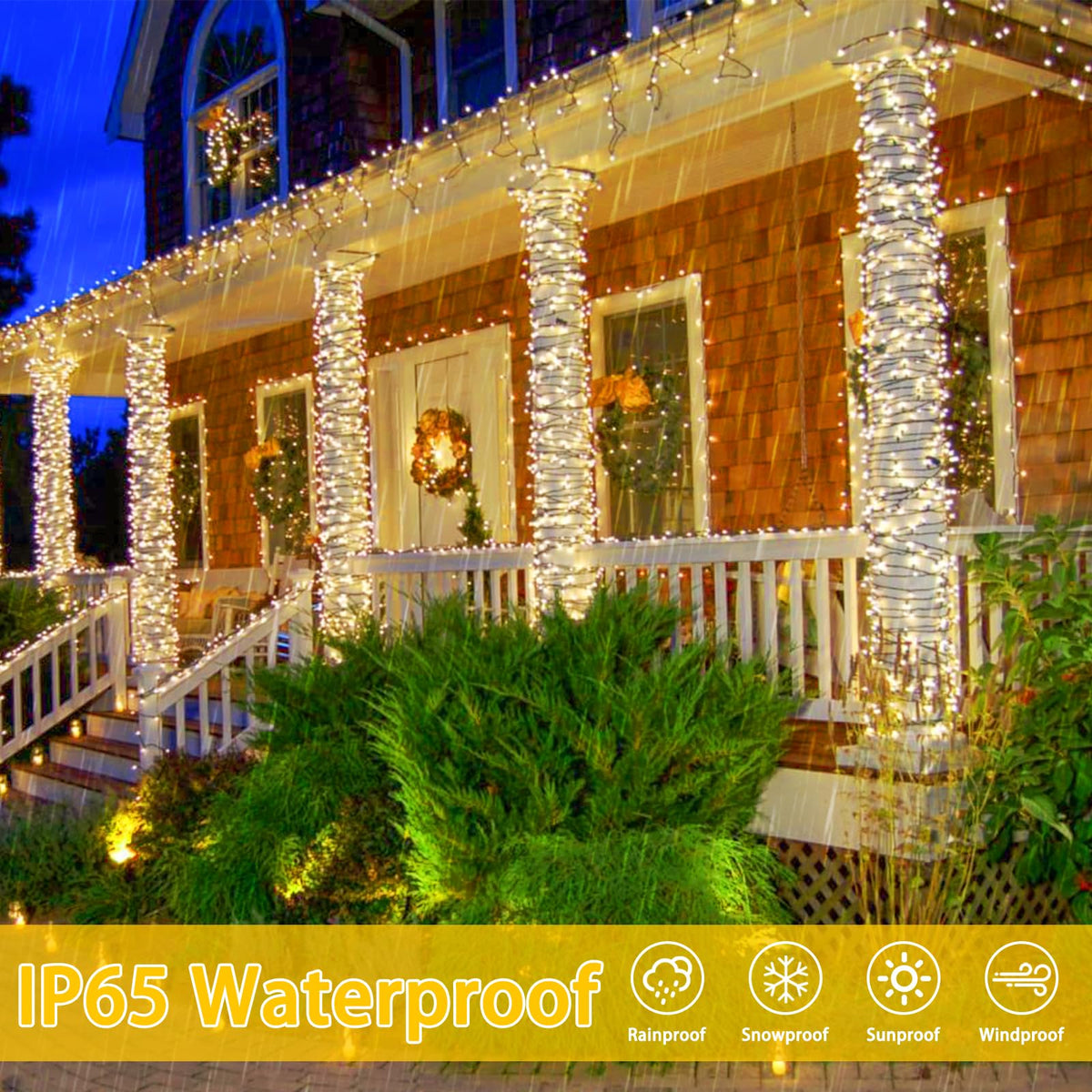 Albelt IP65 waterproof solar string lights outdoors withstand rain.