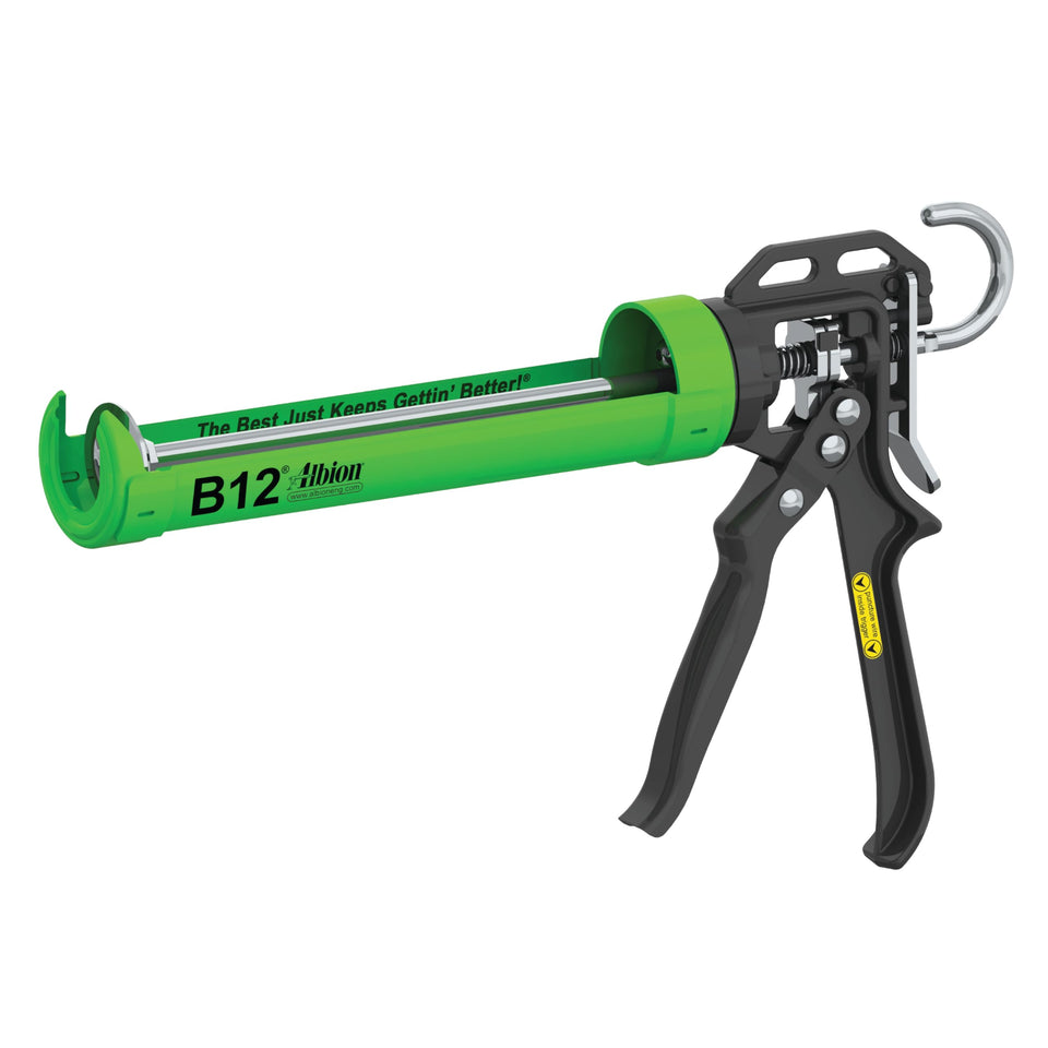 Albion B12 B-Line caulking gun front view, compact and precise for 10 oz cartridges.