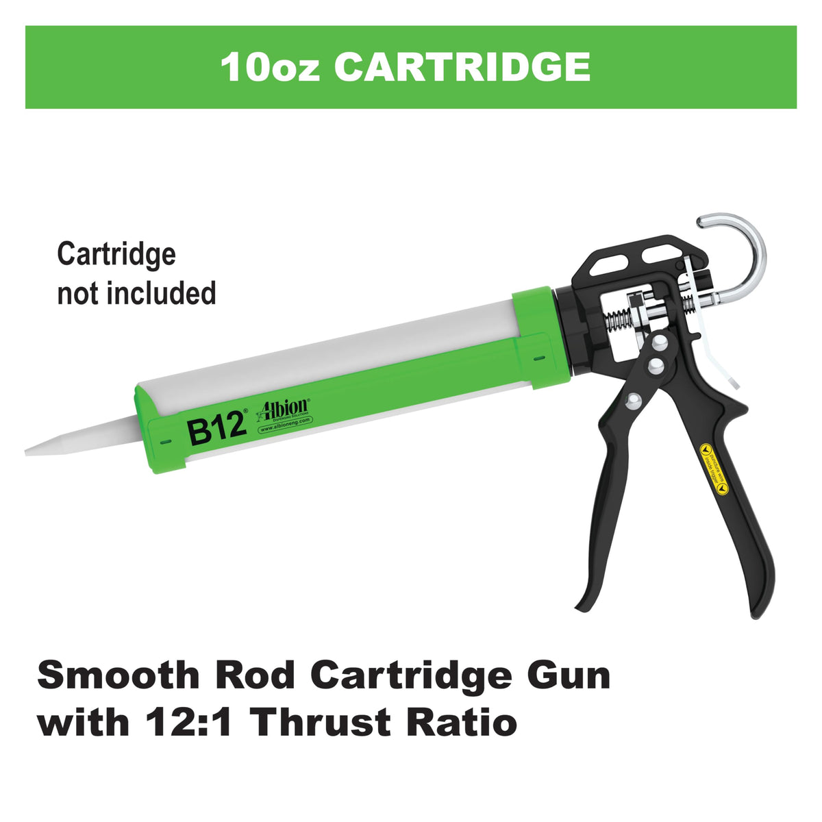 Albion B12 B-Line caulking gun side view, ergonomic grip for extended use.