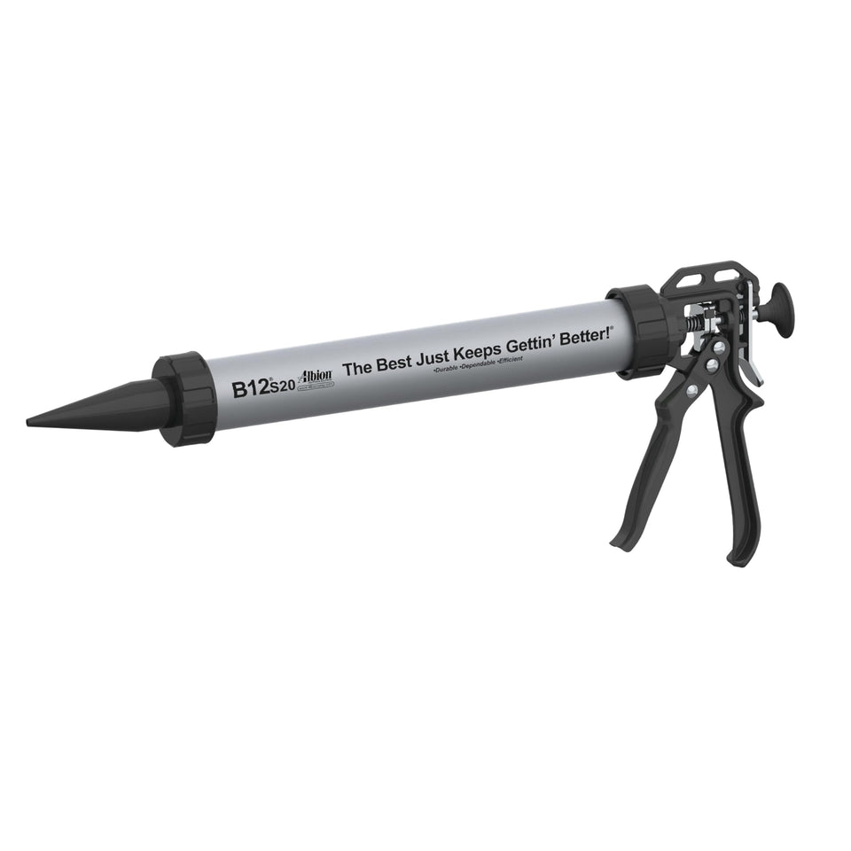 Albion B12S20 B-Line barrel close-up showing 2-inch aluminum barrel for steady caulking control.