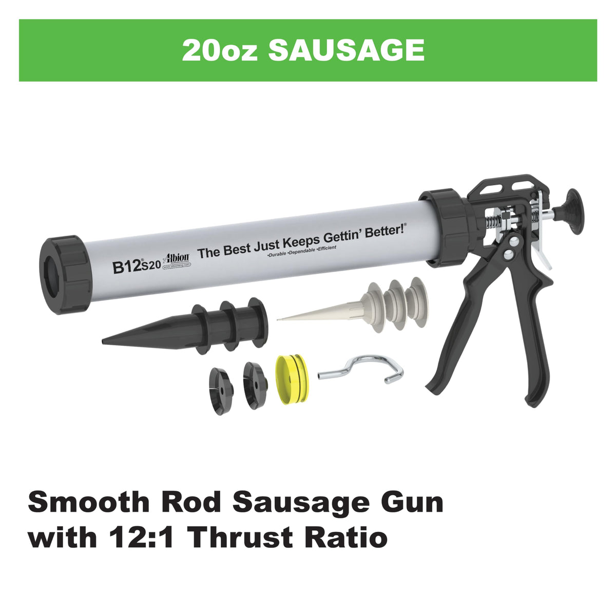 Albion B12S20 thrust drive close-up shows 12:1 ratio for strong, controlled dispensing.