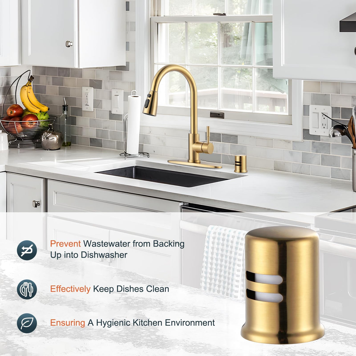ALEASHA brushed gold air gap cap close-up highlights corrosion-resistant brass construction.