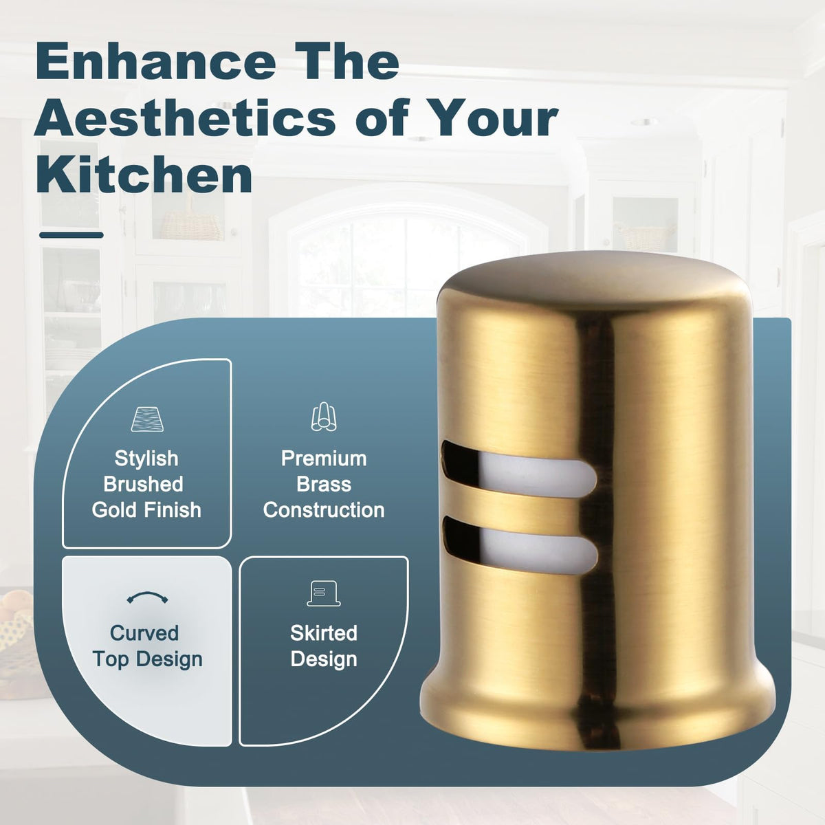 ALEASHA air gap cover side view shows durable brass finish and universal fit for most sinks.
