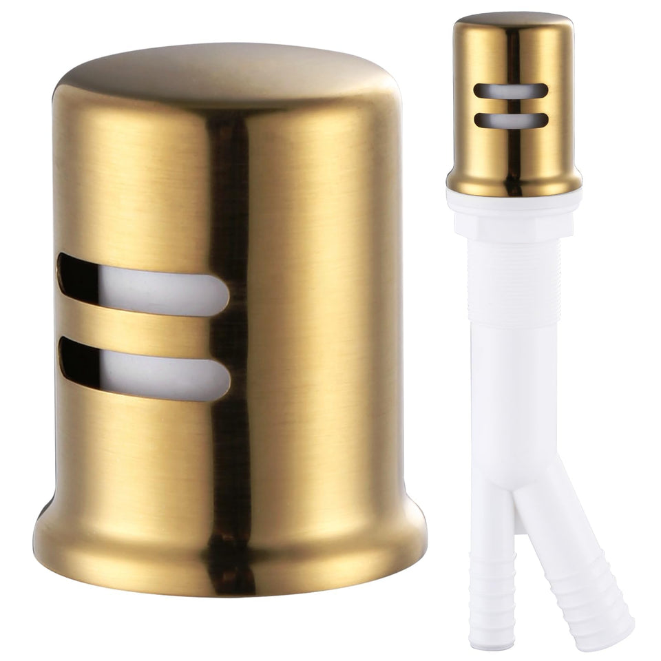 ALEASHA dishwasher air gap cover in brushed gold, top view, helps prevent backflow while elevating kitchen style.