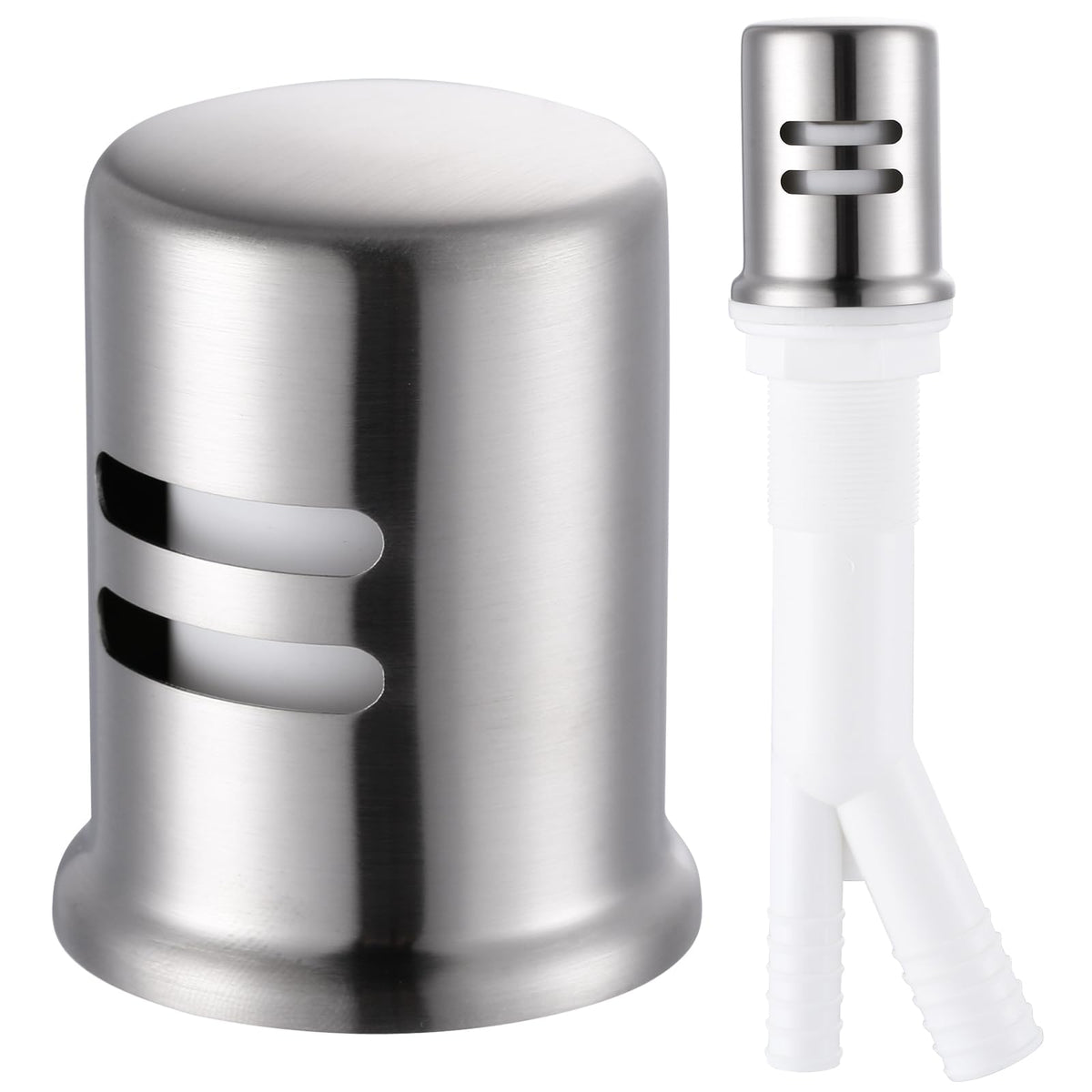 Aleasha dishwasher air-gap cover in brushed stainless improves kitchen aesthetics and backflow prevention.