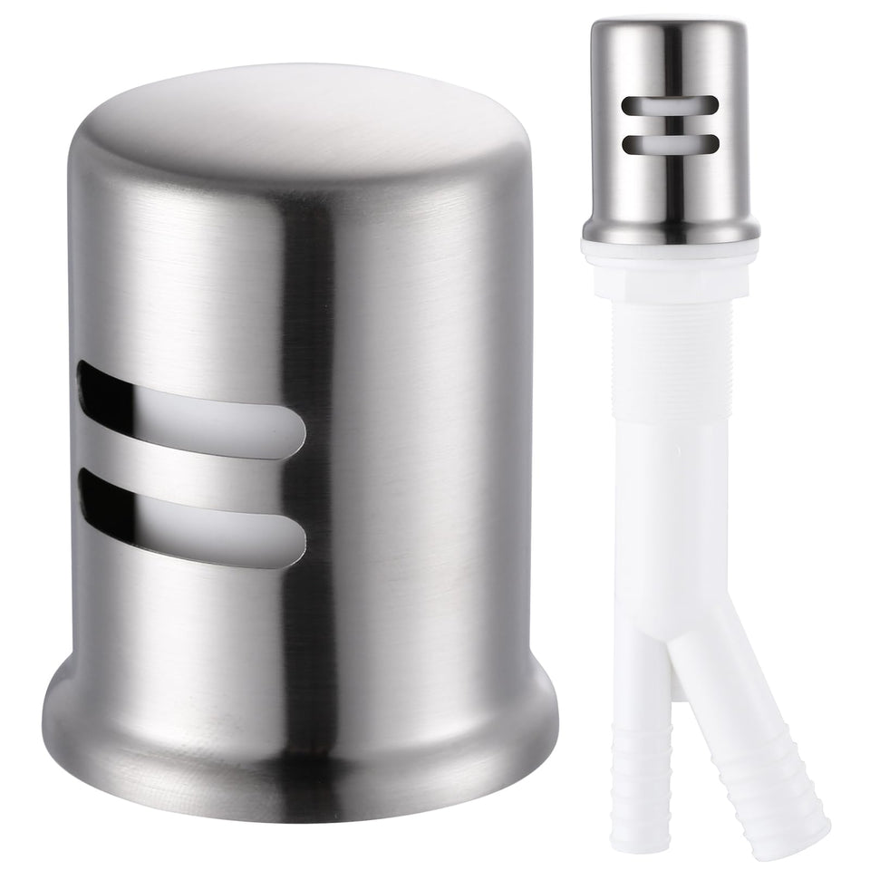 Aleasha dishwasher air-gap cover in brushed stainless improves kitchen aesthetics and backflow prevention.