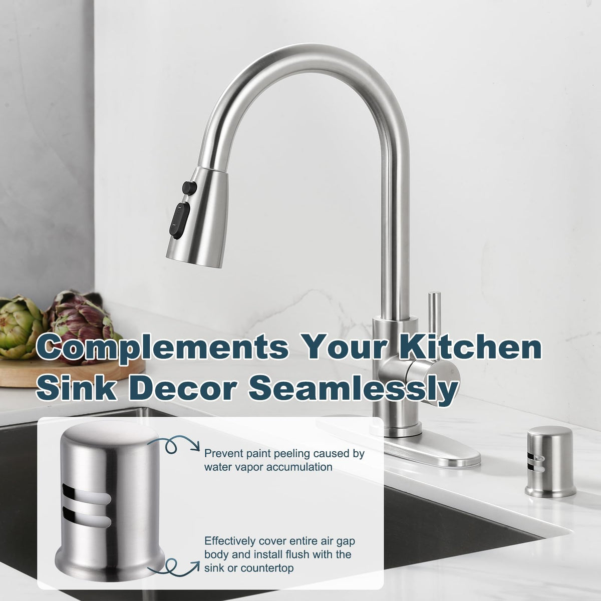 Skirted Aleasha air-gap cap installed flush with sink deck for a seamless, integrated appearance.