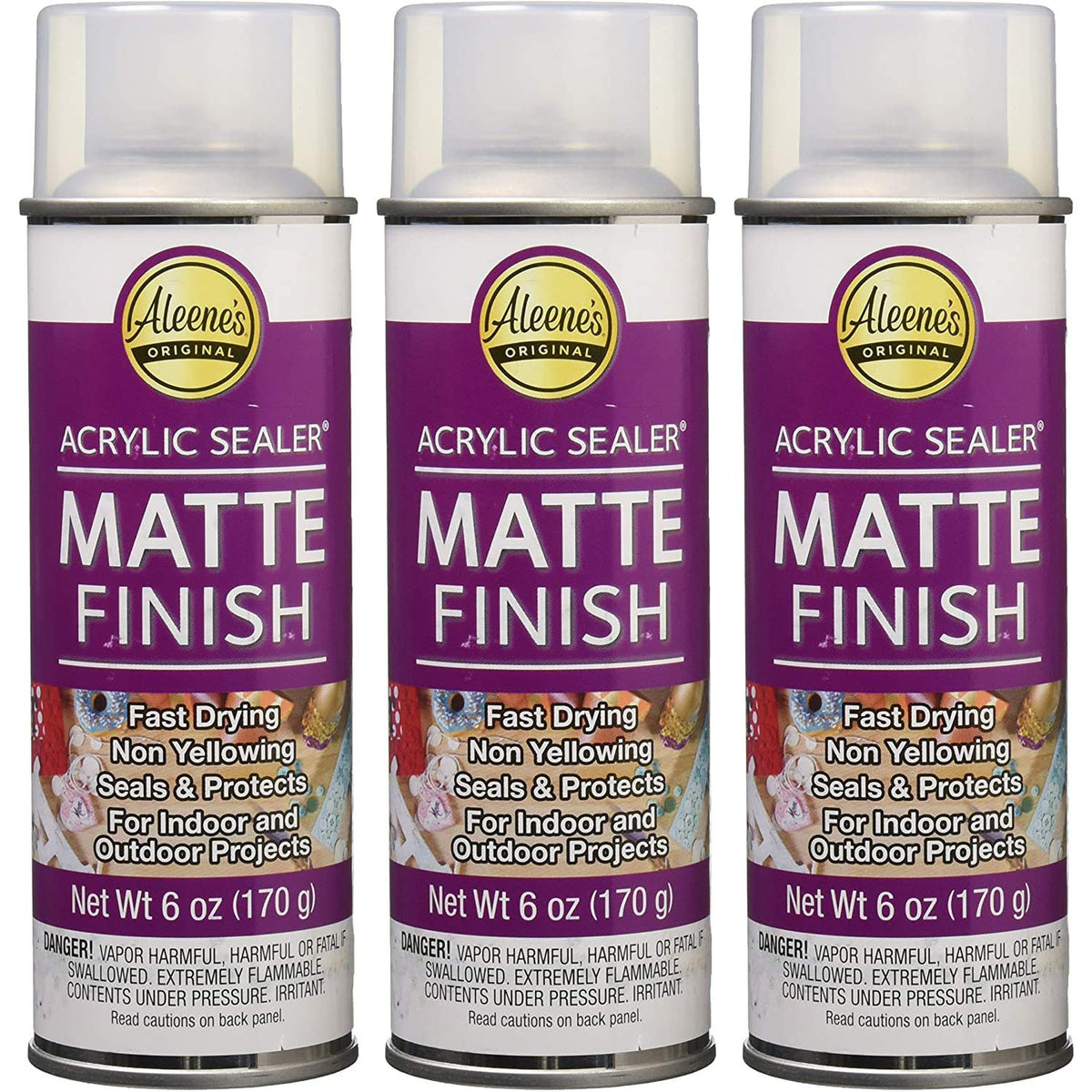 Aleene's Spray 6 oz 3-pack packshot shows clear matte sealer for crafts