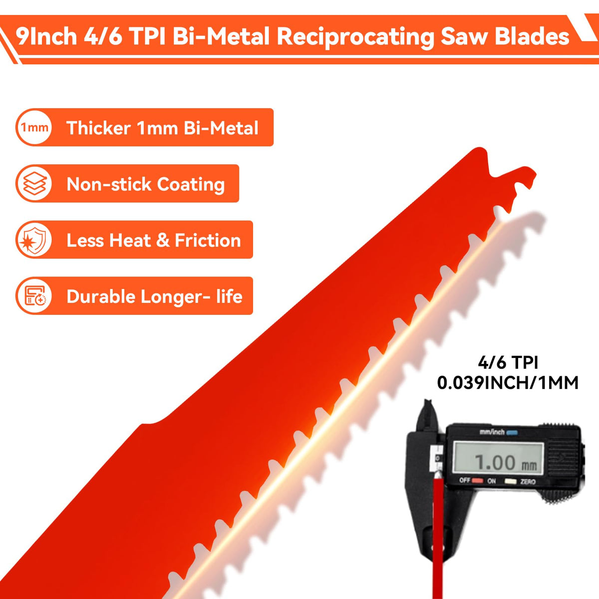 ALEXEX 9-inch blades with alternating tooth for cleaner cuts and less vibration.