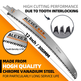 ALEXEX blade efficiently cuts wet and dry wood with deep gullets