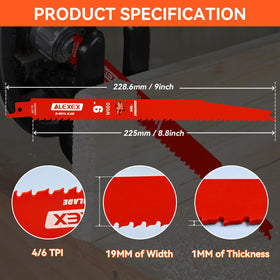 ALEXEX DS0912BW25 blades cutting through wood with nail-embedded areas for precision.