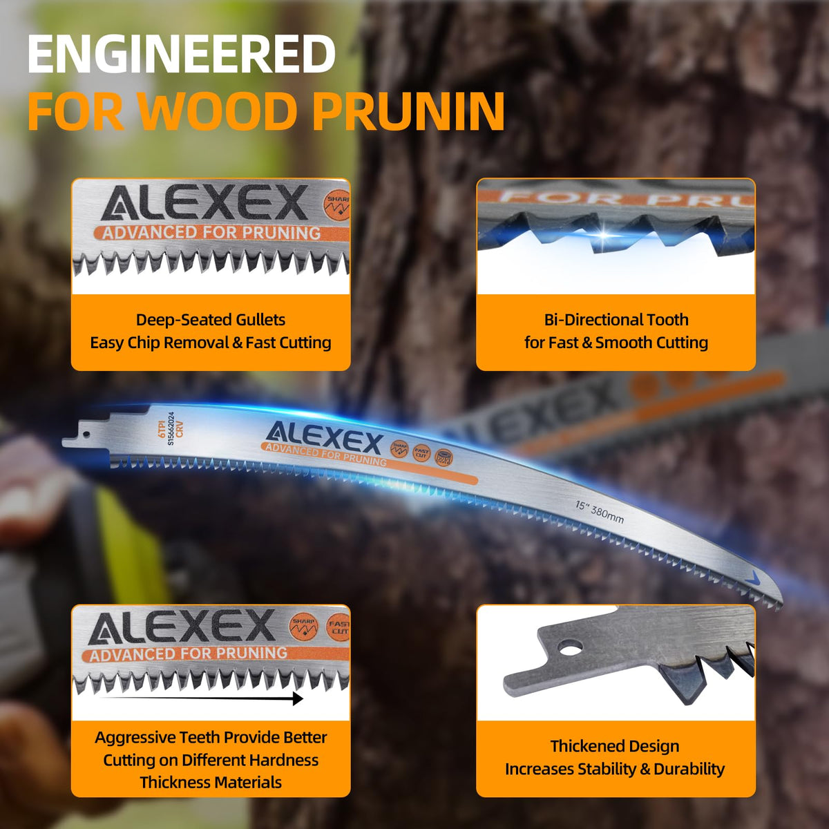 ALEXEX Japanese-teeth reciprocating blade highlighting curved-edge pruning capability