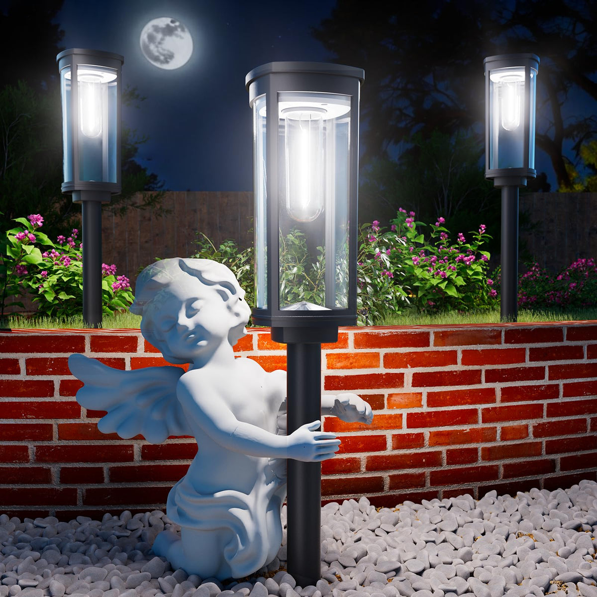 ALFIOT solar pathway lights illuminate outdoor walkways with cool white LEDs for safe nighttime guidance.