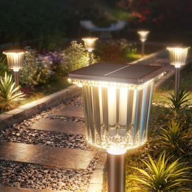ALFIOT super bright solar garden lights in an 8-pack lighting a walkway.