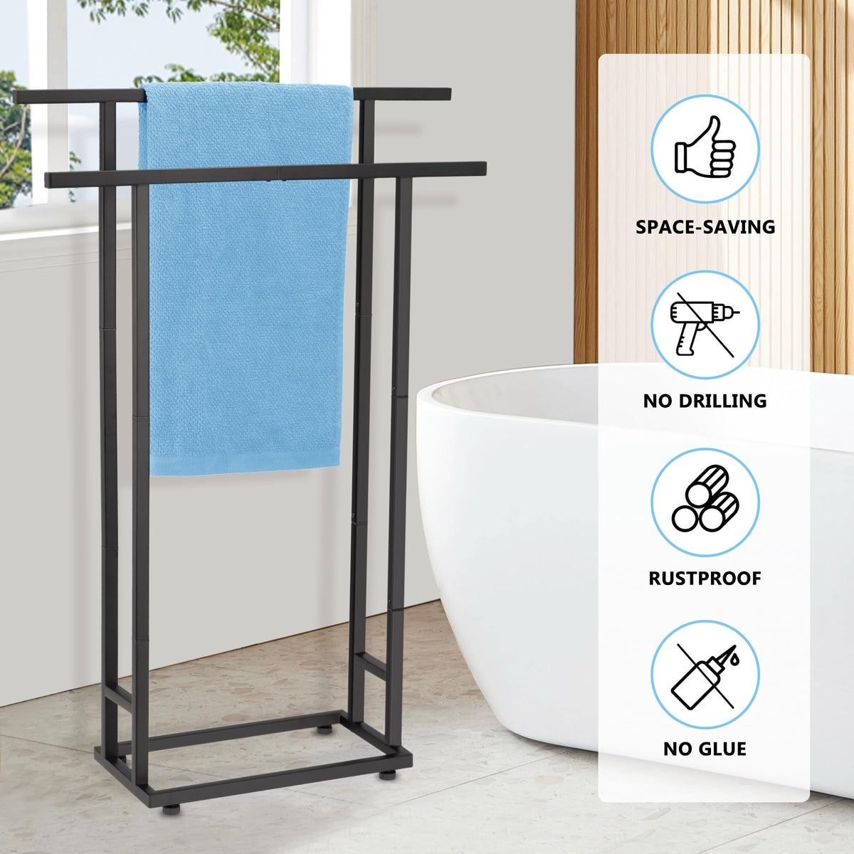 ALHAKIN towel rack with freestanding design in black for versatile placement.