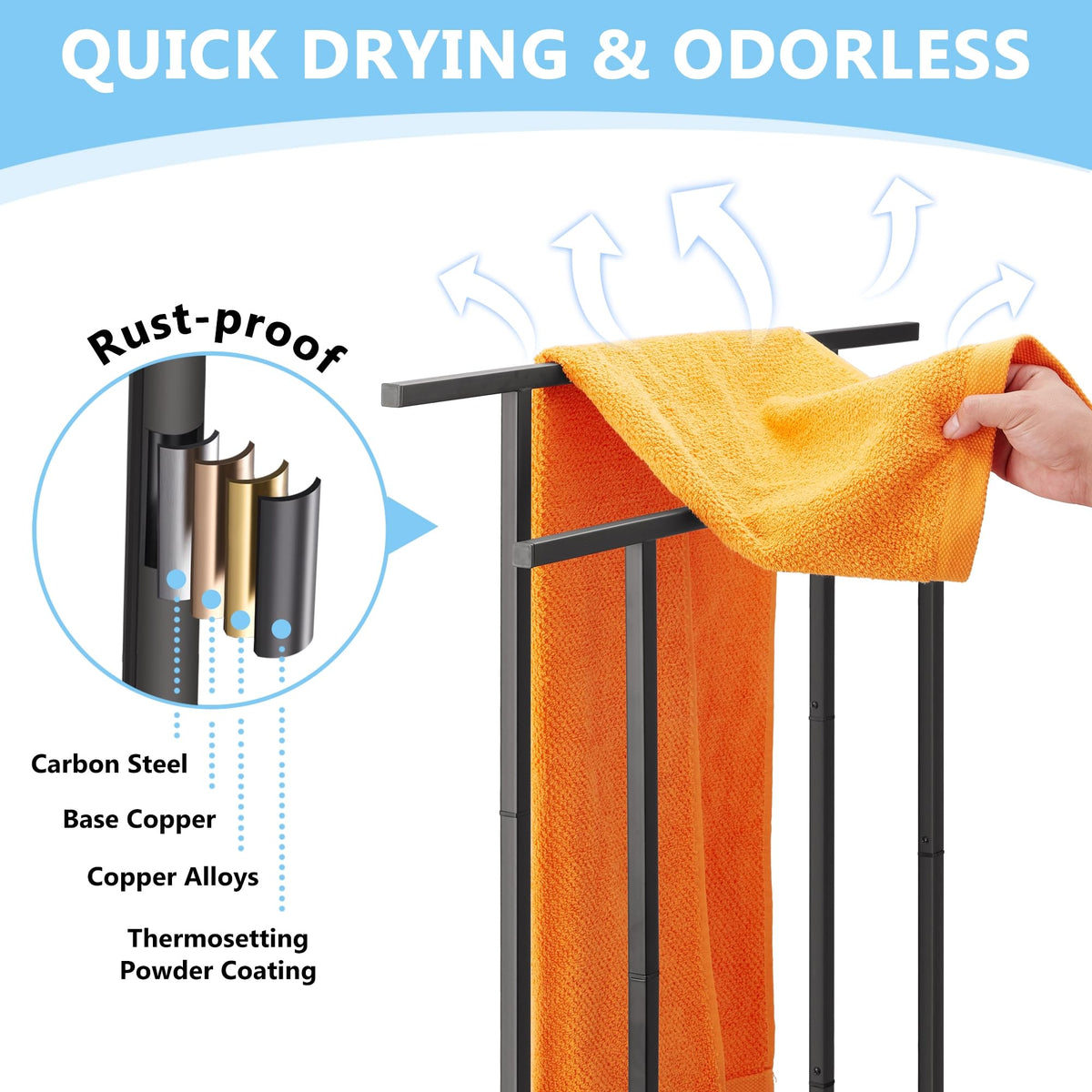 ALHAKIN towel rack showcases adjustable foot pads for stable balance.