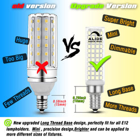 ALIDE E12 bulbs compact size shown for easy retrofit in small bases