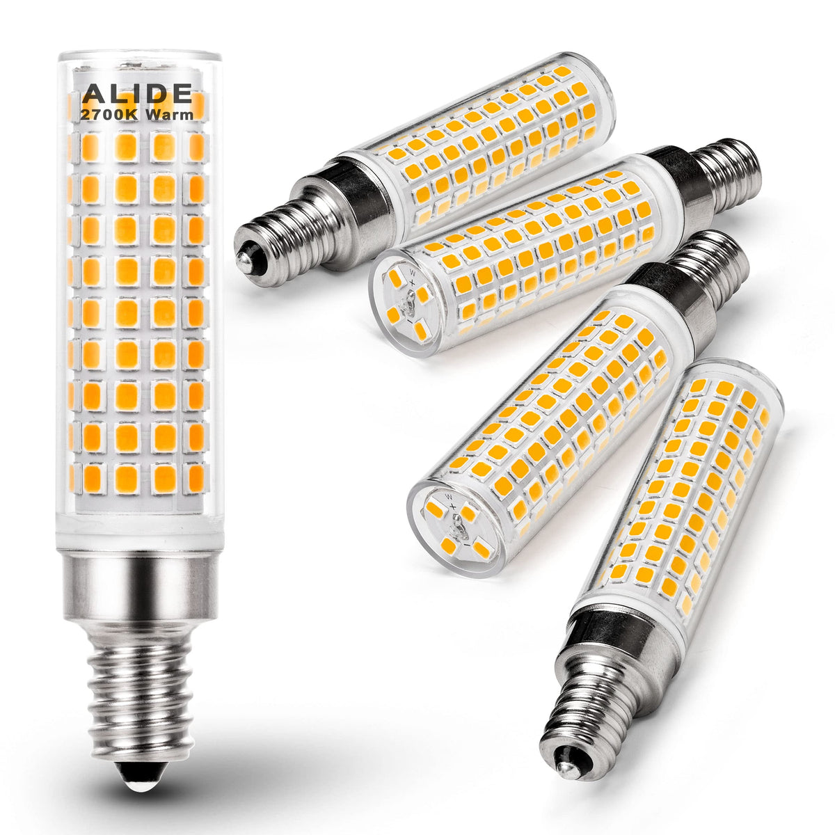 ALIDE E12 bulbs show compact size and 1200lm brightness for chandeliers.