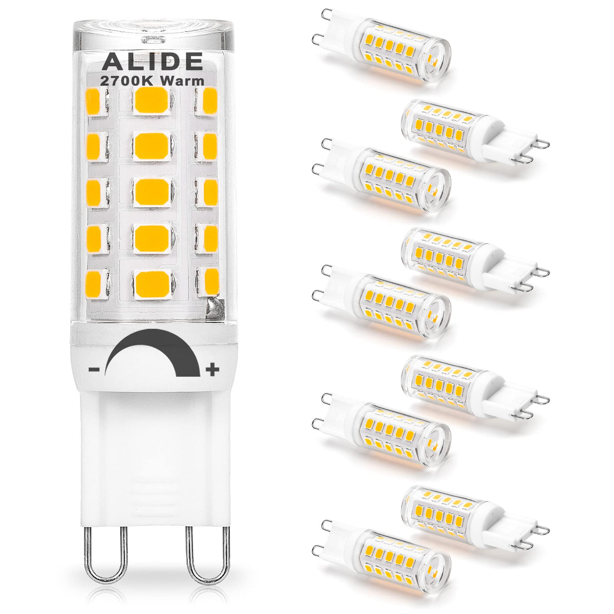 ALIDE G9 LED bulb close-up with clear bi-pin base for chandeliers and energy efficiency.