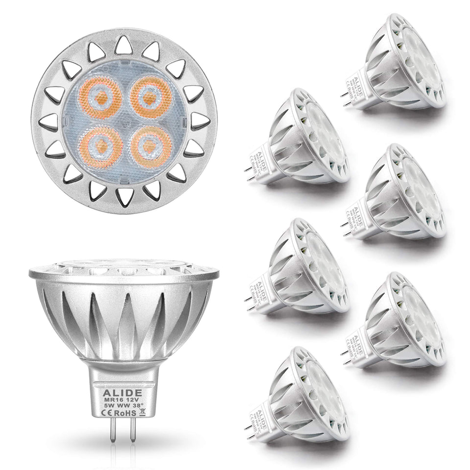 ALIDE MR16 LED bulbs for outdoor landscape accents delivering 450 lumens with energy efficiency.