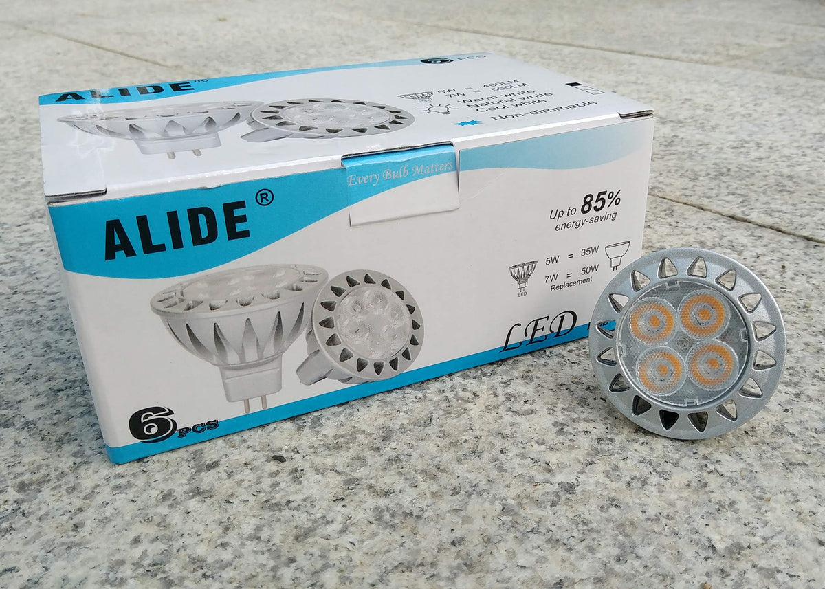 ALIDE MR16 LED bulbs used in track lighting for focused, clean light.