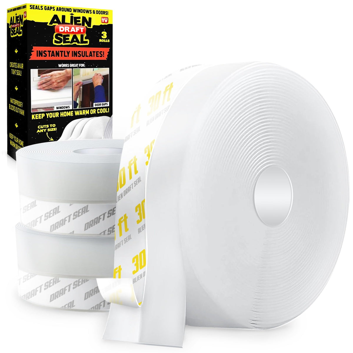 Alien Tape draft seal 3-rolls-pack demonstrates ready-to-use weatherproofing for doors.