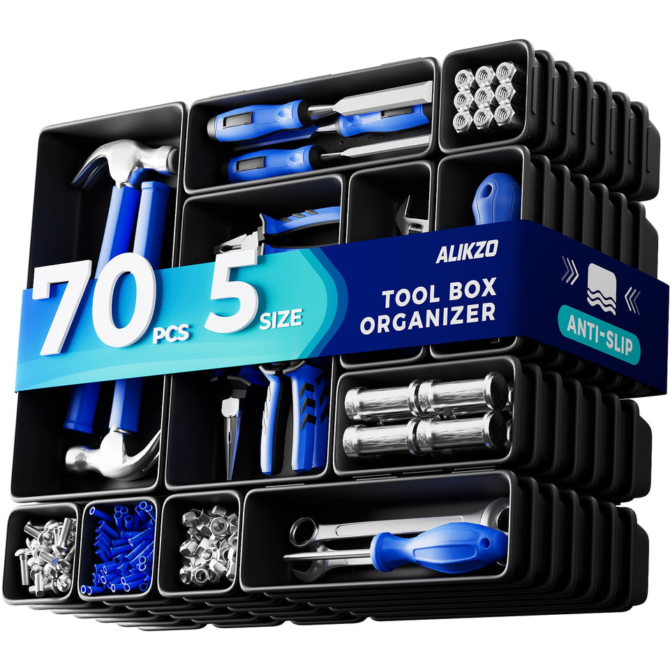ALIKZO 70-piece toolbox organizer trays laid out for complete drawer organization.