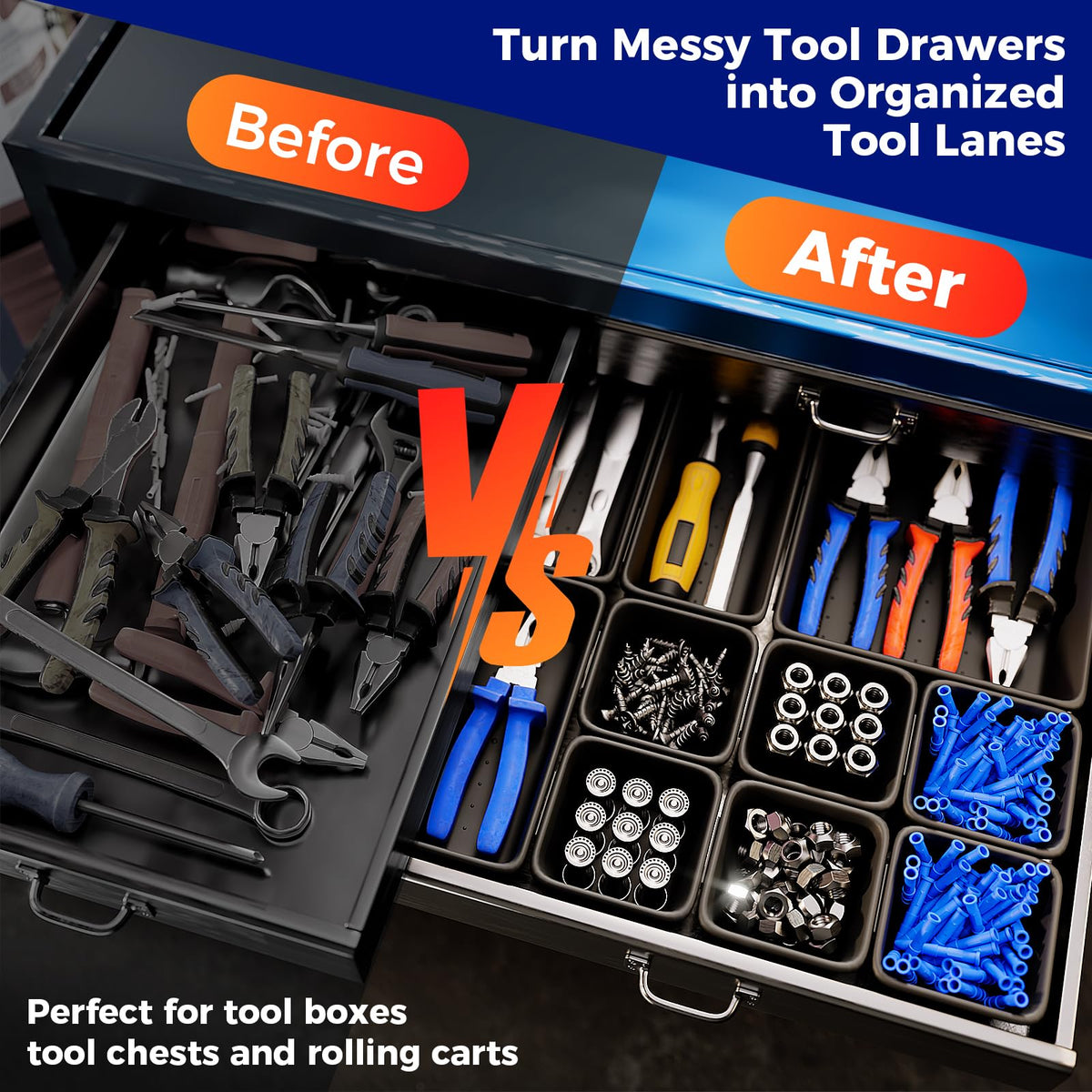 ALIKZO interlocking trays snap together to form organized tool rows and grids.