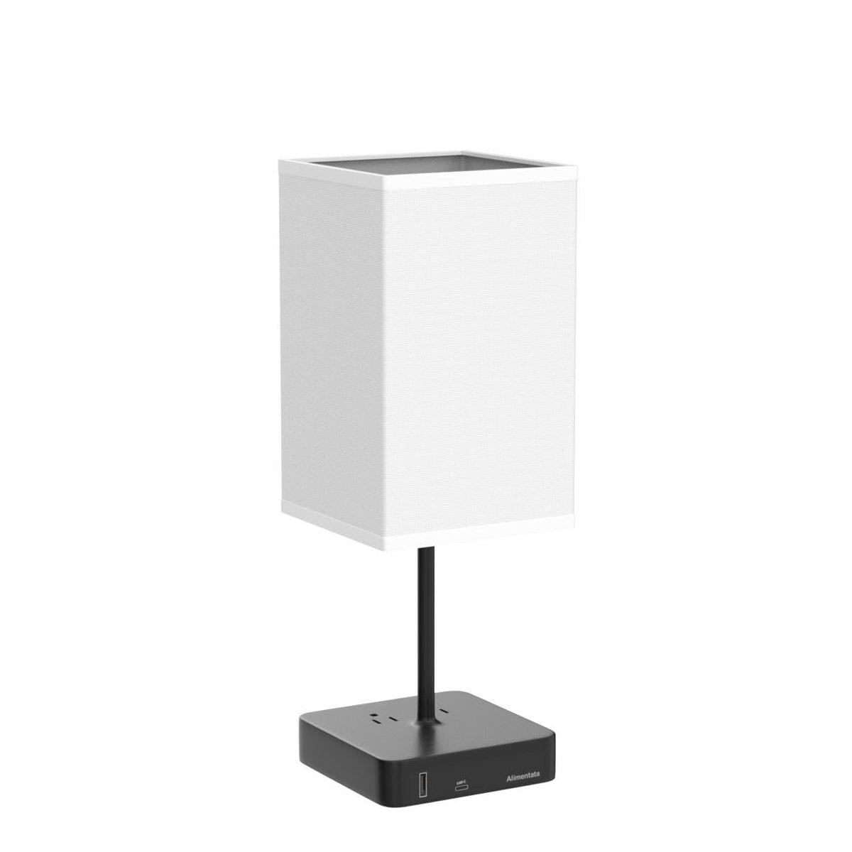 Alimentata bedside lamp features a black fabric shade with a modern look