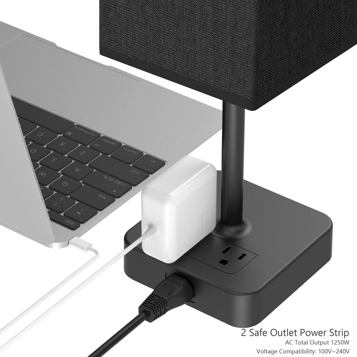 Alimentata bedside lamp with black fabric shade adds soft, modern ambience.