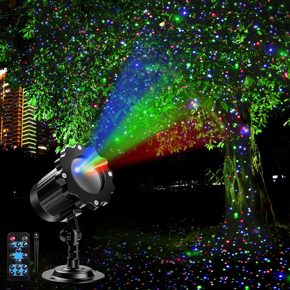 Alinkey outdoor RGB laser projector creates a starry sky for garden ambiance