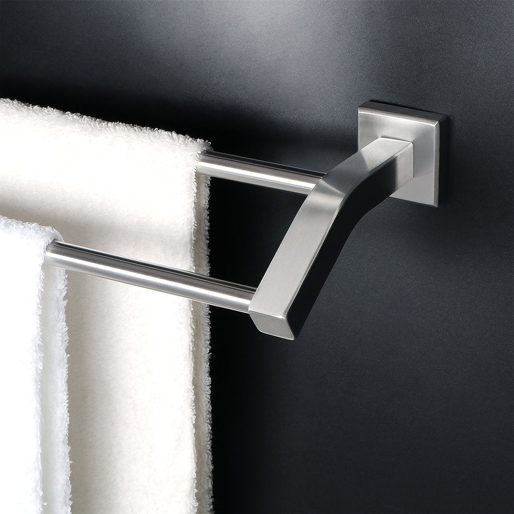 Alise double towel bars in brushed nickel, wall-mounted for fast towel drying.