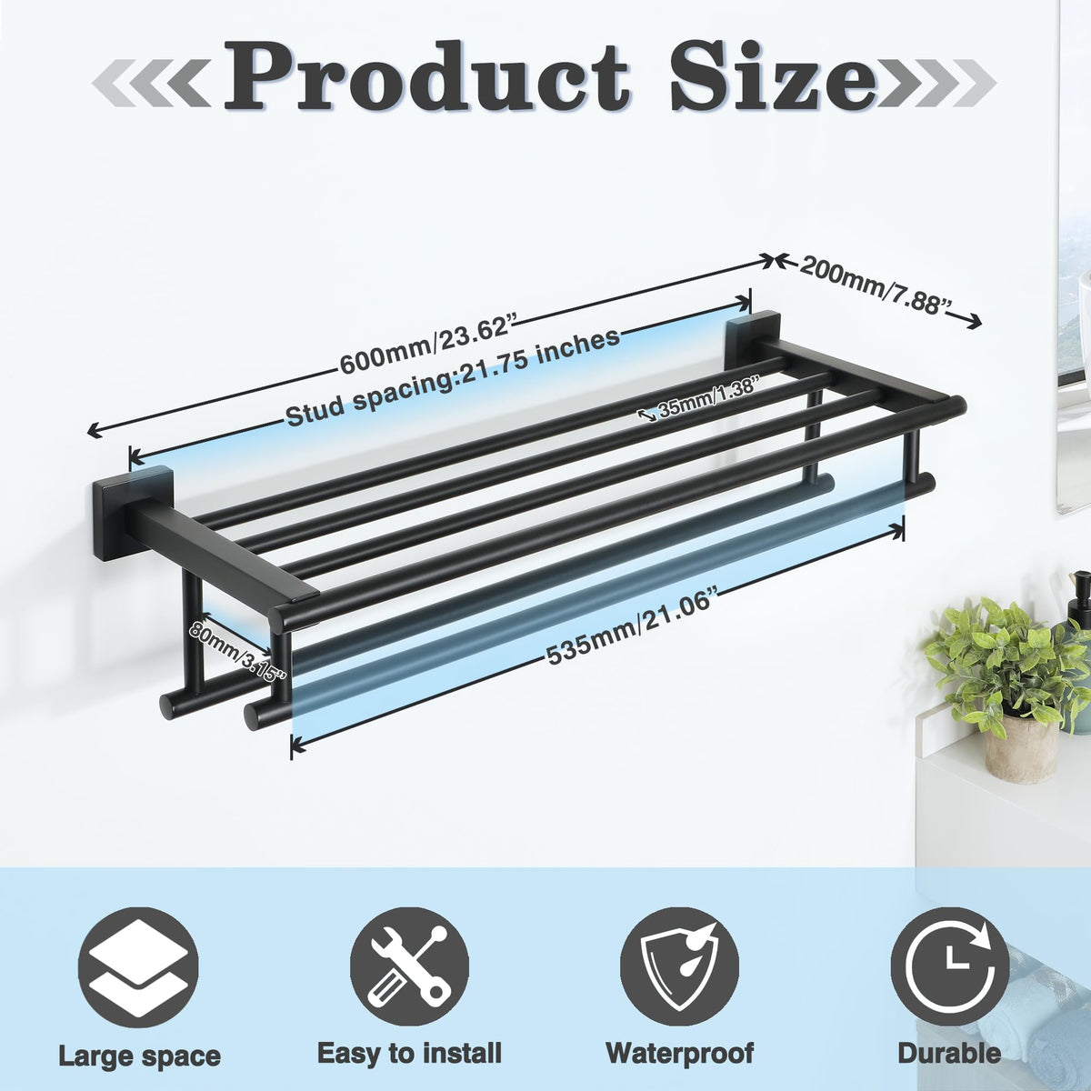 Alise wall-mounted rack creates organized space and neat towels near the sink.