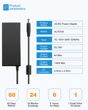 ALITOVE 36V power supply rear view with ports and labels