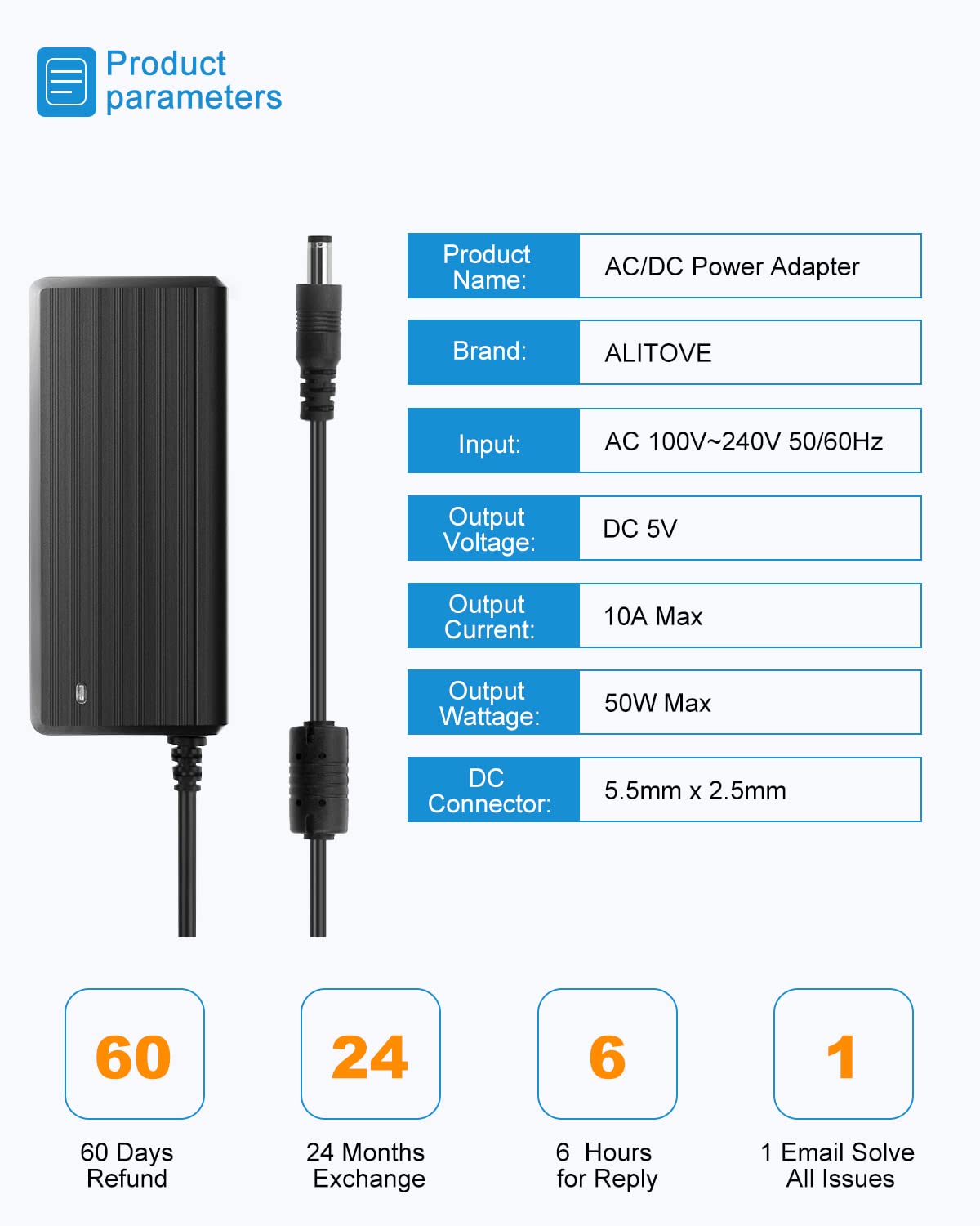 ALITOVE 5V 10A power supply with cable and plug for setup.