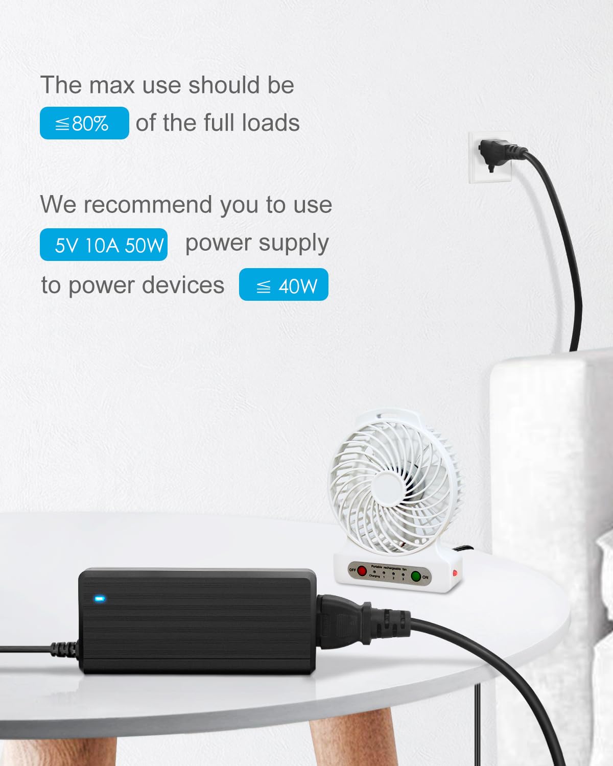 ALITOVE 5V 10A power supply safety features icons.
