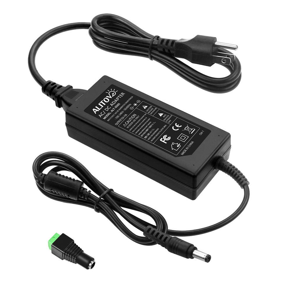 ALITOVE 5V 5A power supply adapter powering LED strips safely.
