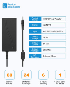 ALITOVE 5V 5A LED strip power supply providing stable current for lighting.