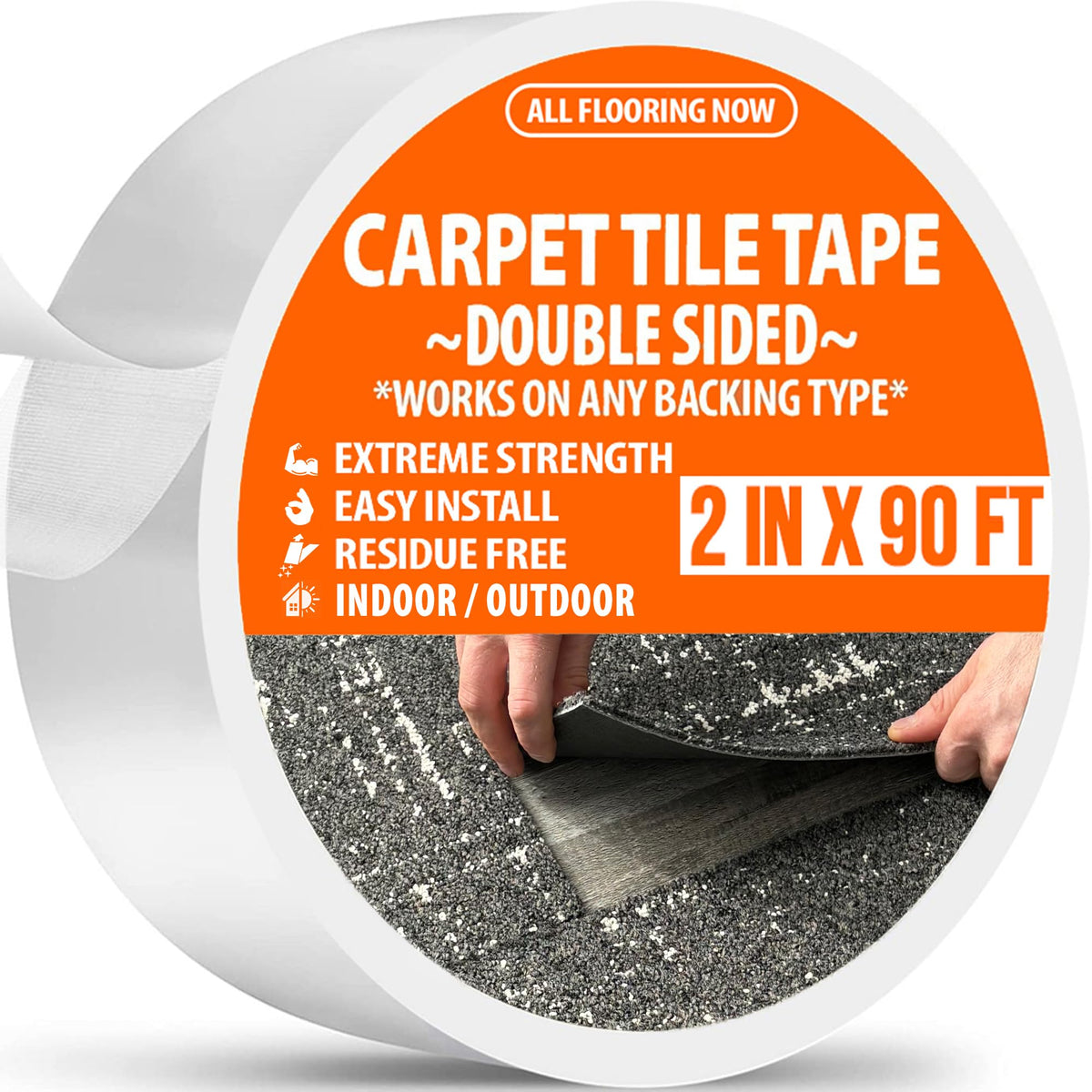 All Flooring Now double-sided tape secures carpet tiles on hardwood floor