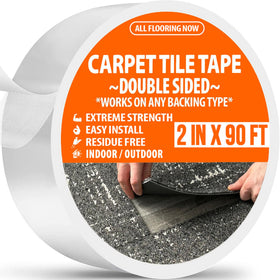 All Flooring Now double-sided tape secures carpet tiles on hardwood floor