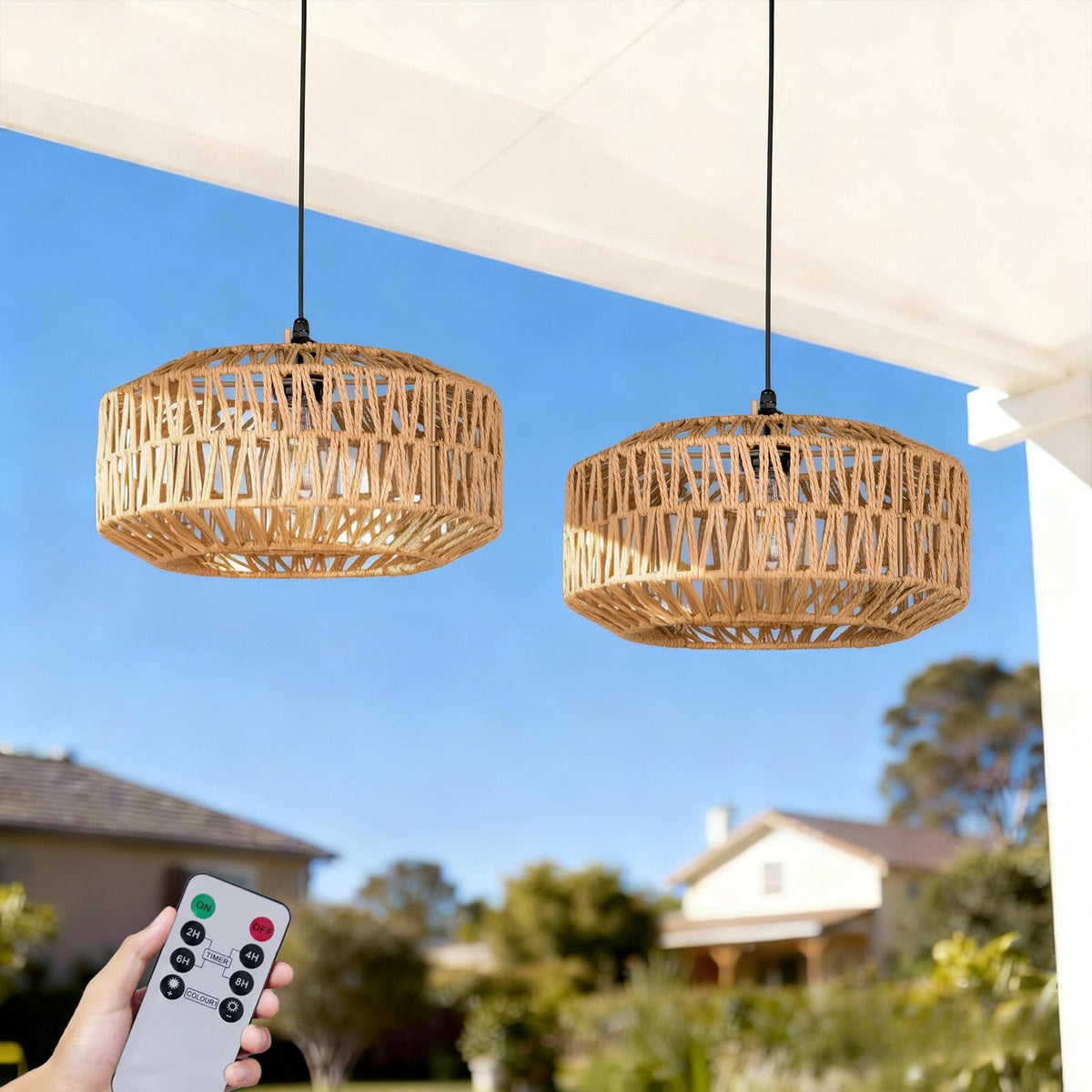 ALL FORTUNE 13-inch battery outdoor chandelier with woven rattan for porch ambiance