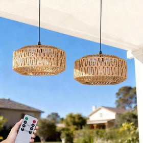ALL FORTUNE 13-inch battery outdoor chandelier with woven rattan for porch ambiance