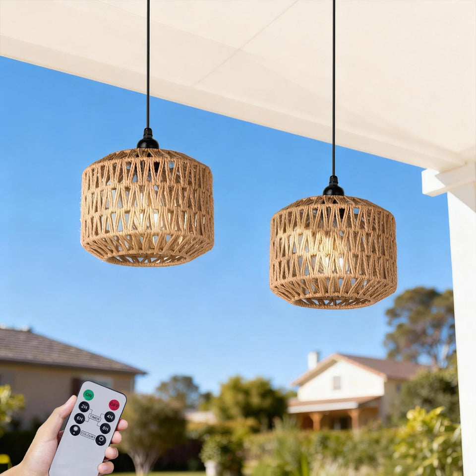 ALL FORTUNE battery-operated outdoor chandelier with boho woven rattan for warm patio ambience