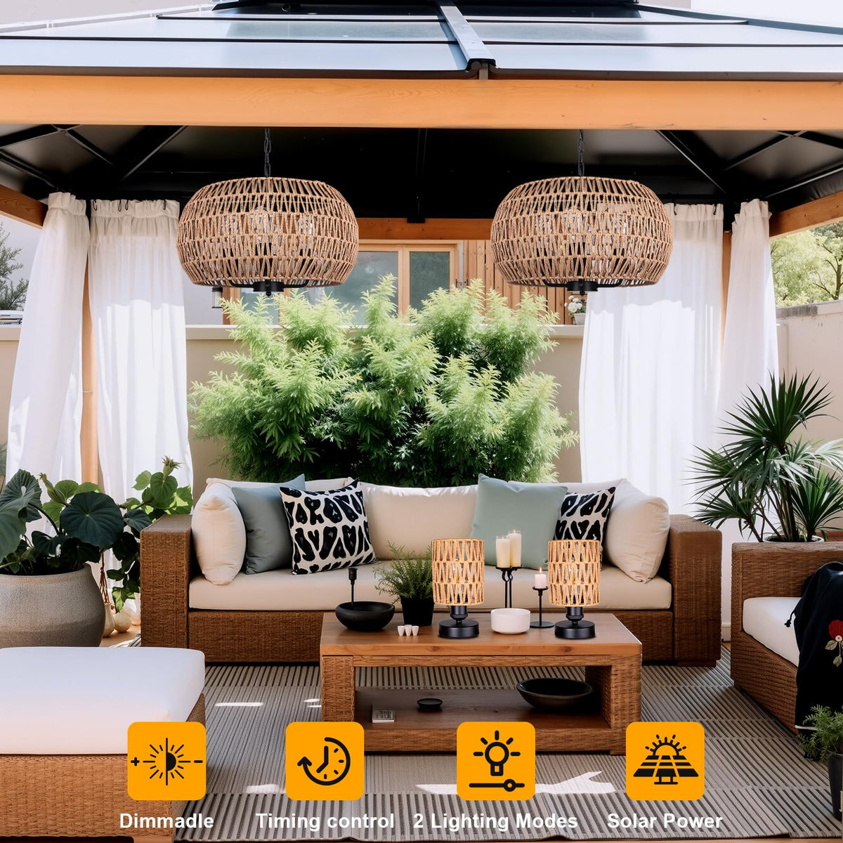 All Fortune boho rattan solar chandelier for gazebo lighting