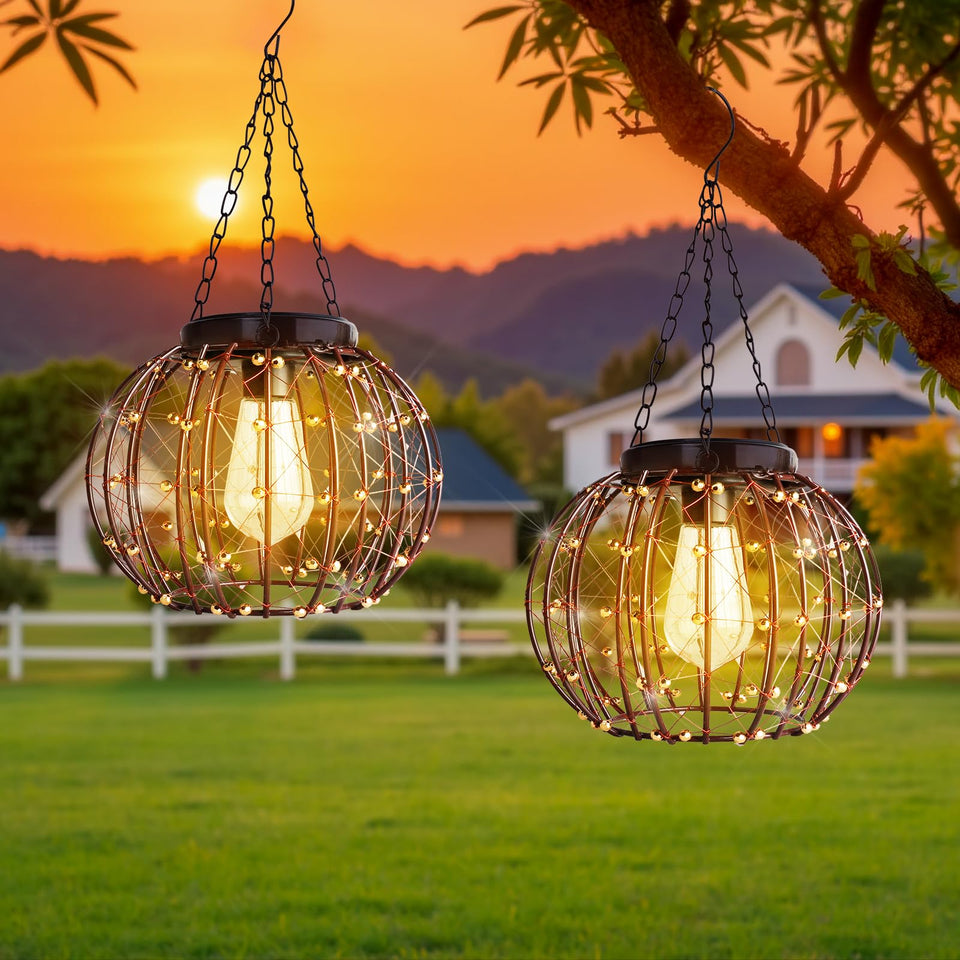 All Fortune copper-hanging-solar-lantern-frame glows warmly for outdoor evenings.