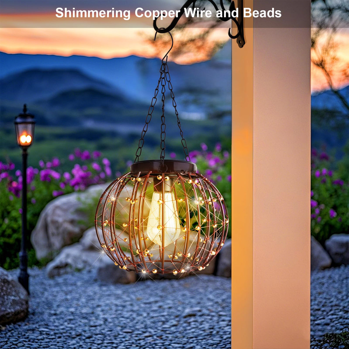 All Fortune copper lantern detail with gold beads adds luxury to your patio.